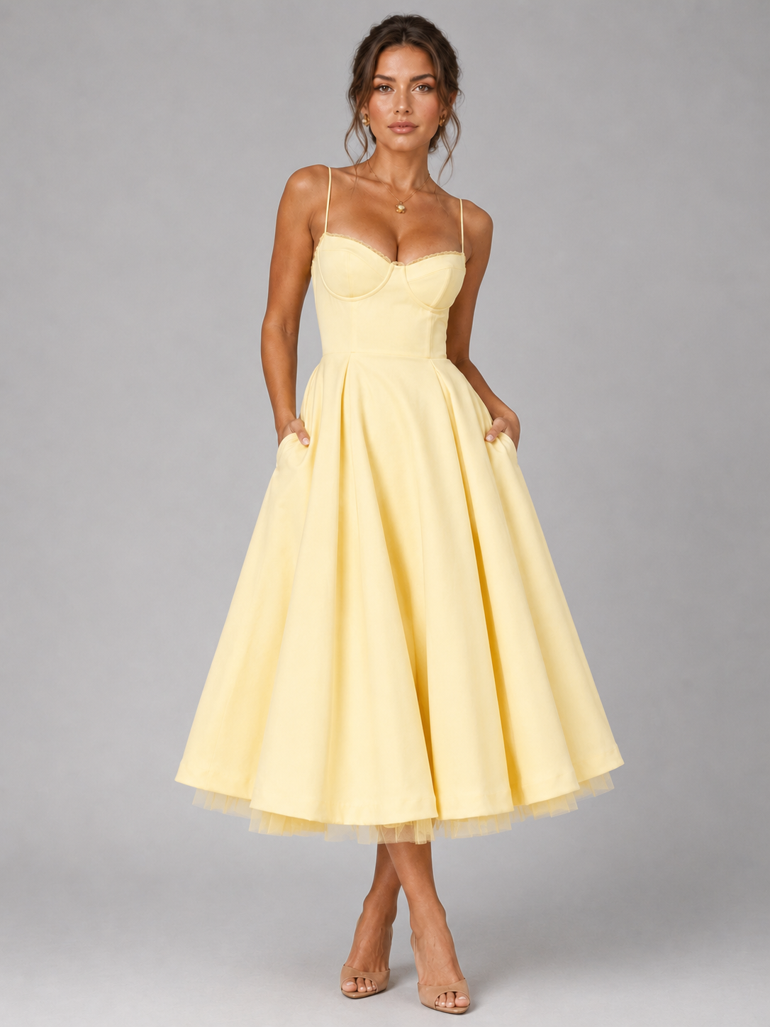 Corset Sweetheart Spaghetti Strap Full Skirt Midi Dress 5