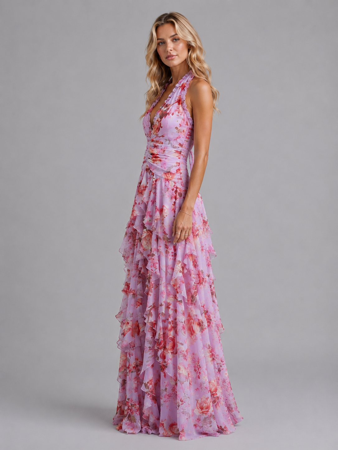 Floral Halter Neck Deep V Ruffle Cascade Maxi Dress 4
