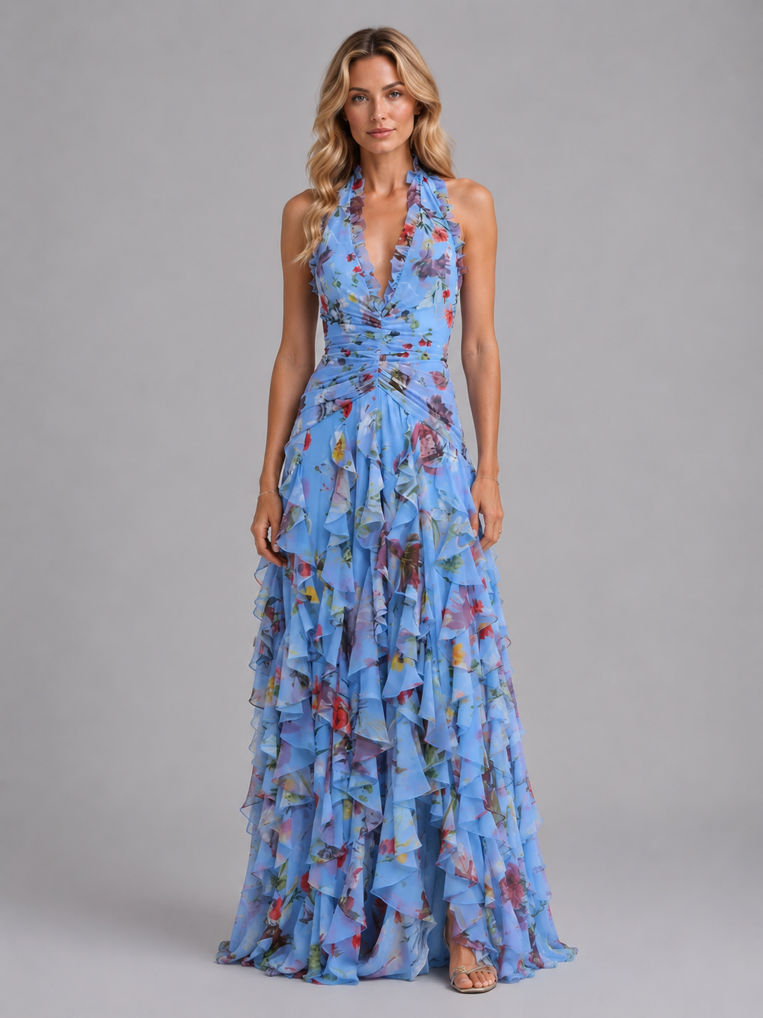 Floral Halter Neck Deep V Ruffle Cascade Maxi Dress 5