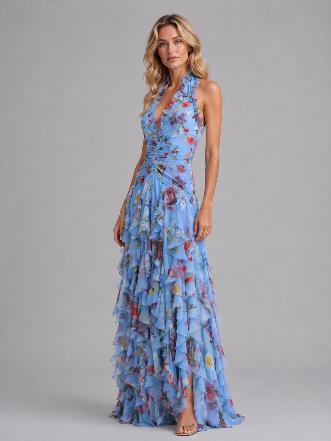 Floral Halter Neck Deep V Ruffle Cascade Maxi Dress 6