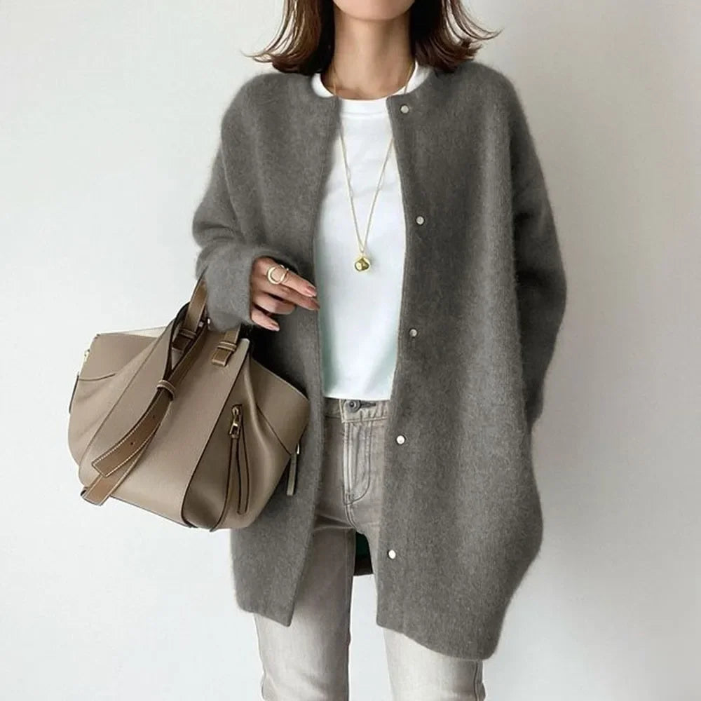 Round Neck Button Front Loose Open Knit Cardigan