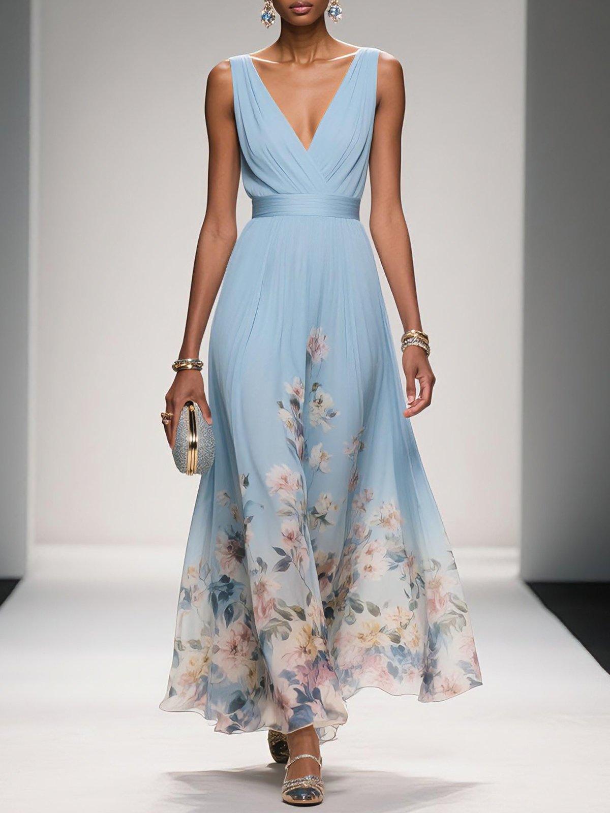 Floral Chiffon V-Neck Sleeveless Maxi Dress Wedding Guest