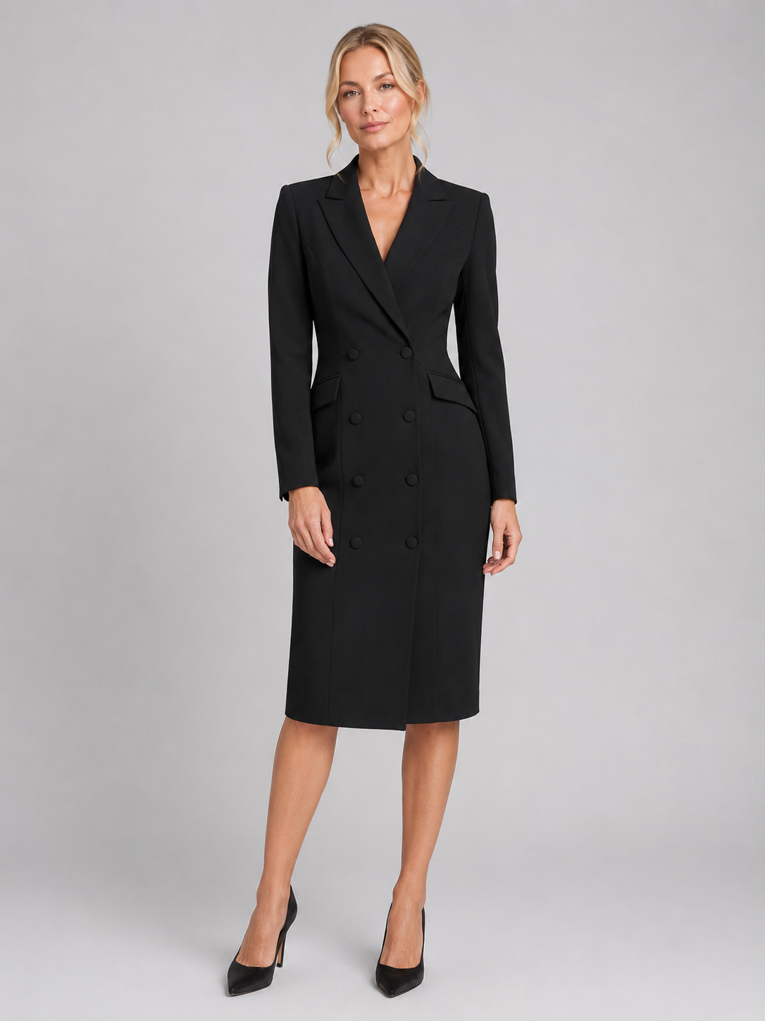 Double Breasted Peak Lapel Blazer Midi Dress 4