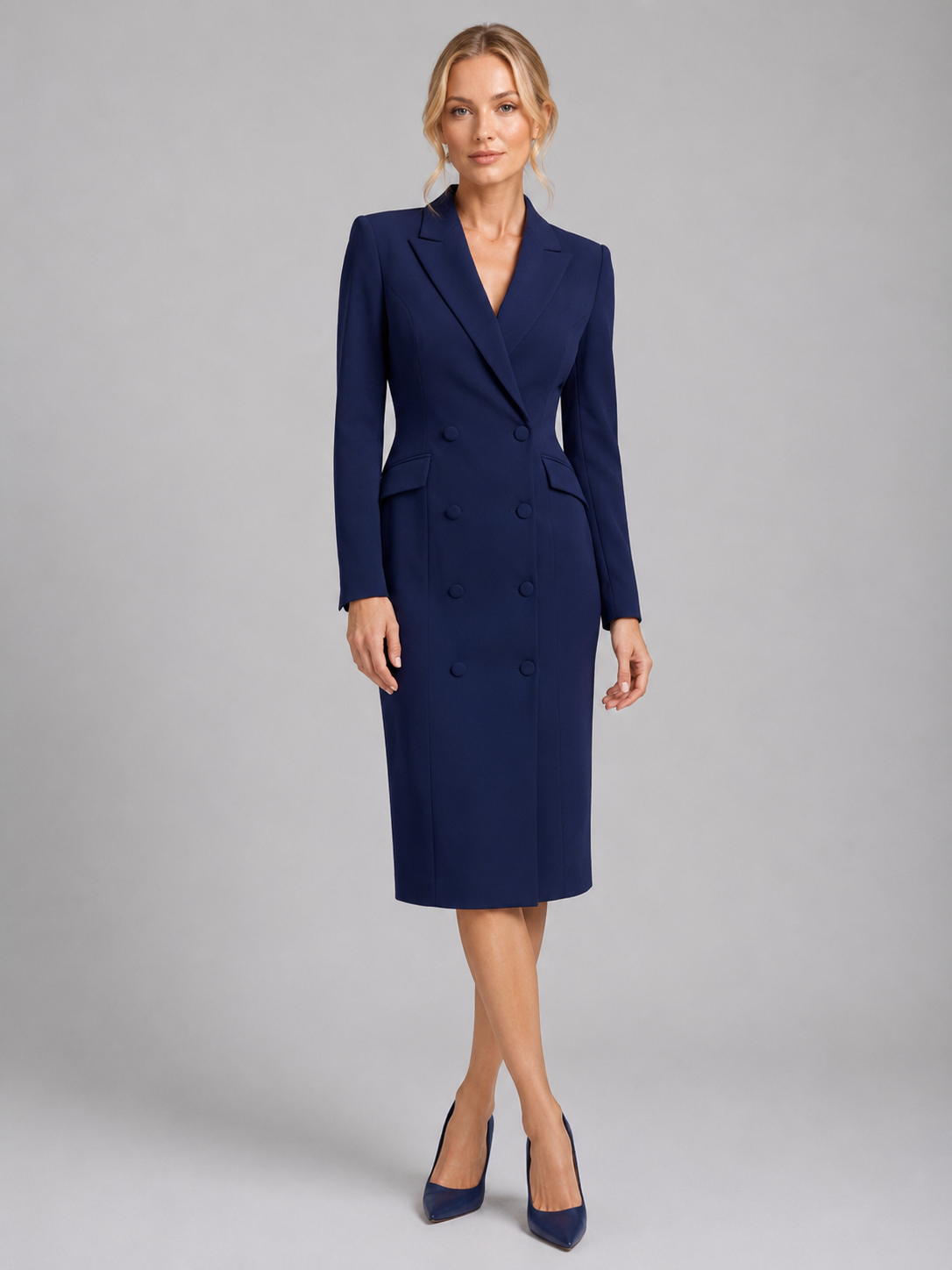 Double Breasted Peak Lapel Blazer Midi Dress 5