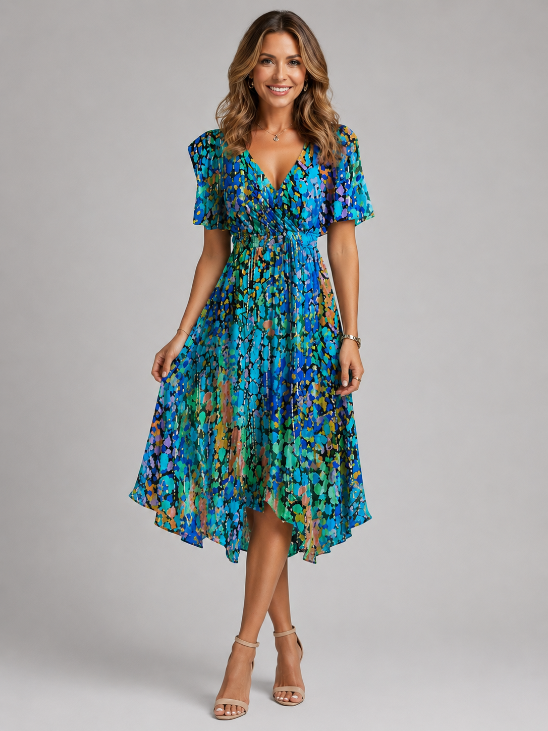 Floral V-Neck Flutter Sleeve High Low Midi Dress
