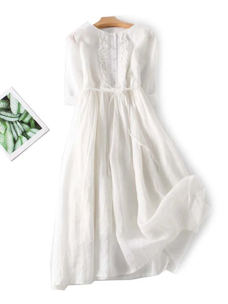 Round Neck Half Sleeve Ruffle Button Tie Waist Linen Midi Dress 6