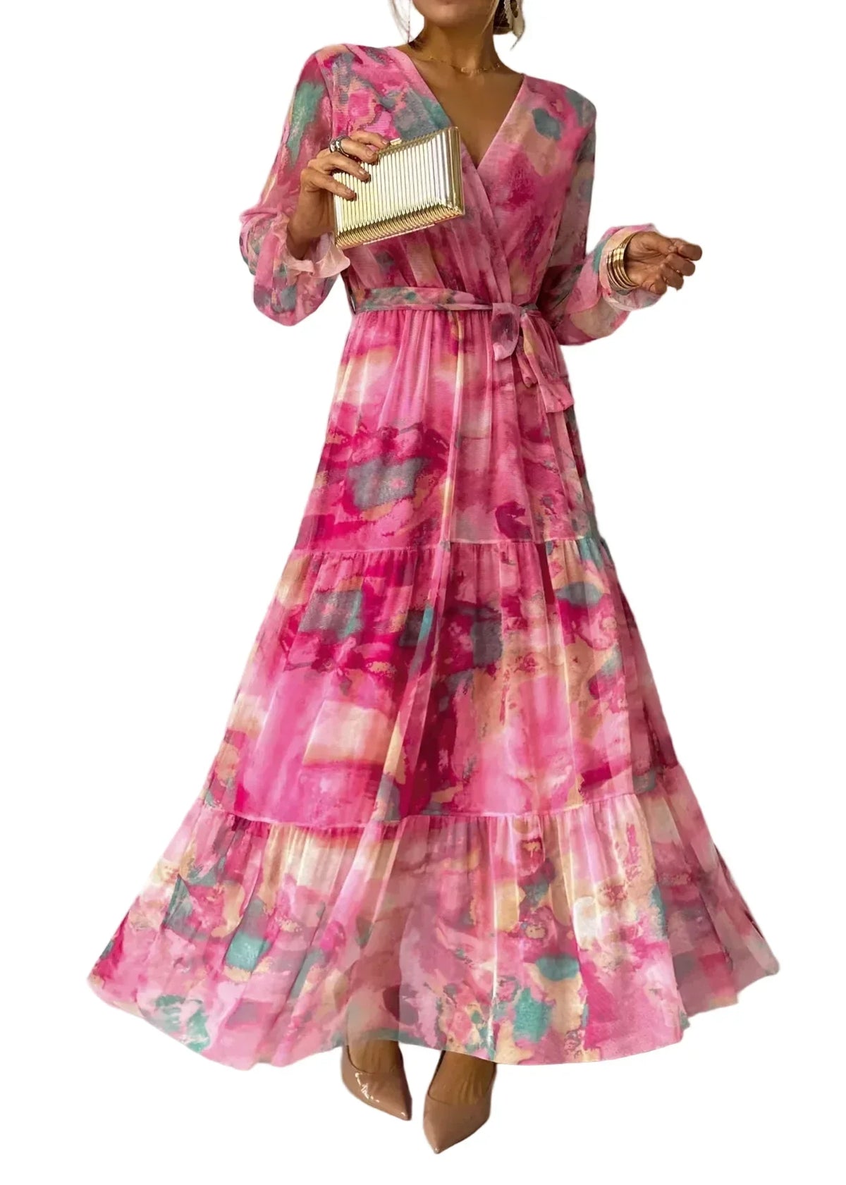 Watercolor Floral Long Sleeve Belted Tiered Wrap Maxi Dress 5