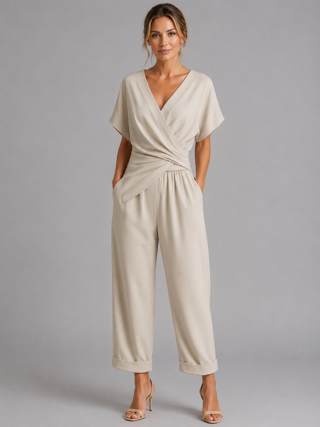 V-Neck Short Sleeve Wrap Front Tapered Jumpsuit