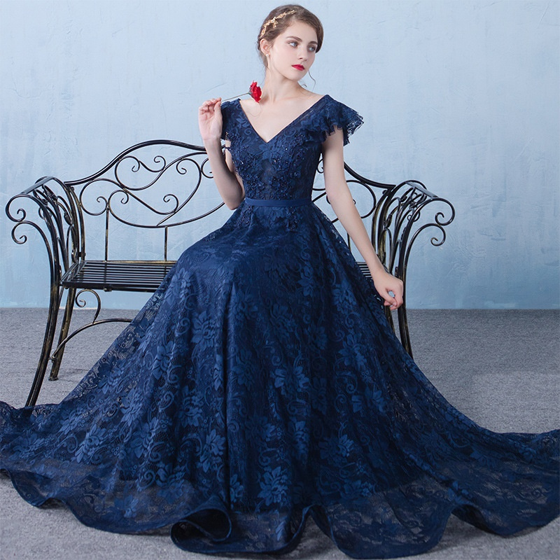 Lace V-Neck Cap Sleeve Belted Waist A-Line Ball Gown