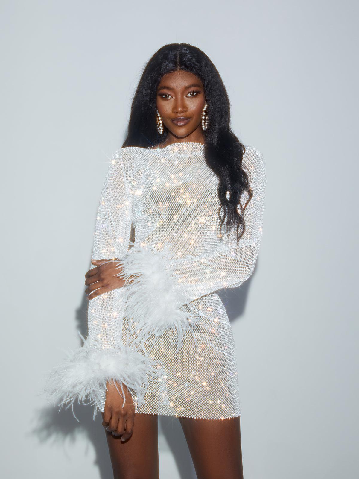 Xanthe Rhinestone Mesh Mini Dress In White - View 5