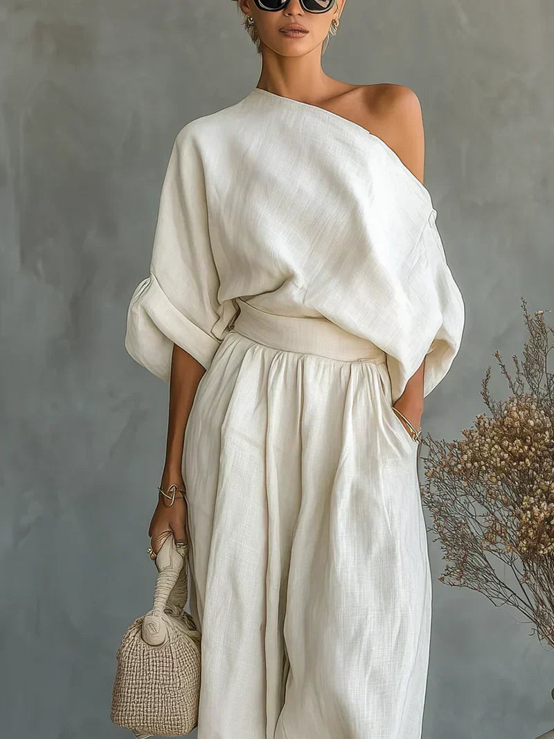 One Shoulder Batwing Top and Wide Leg Pants Two Piece Set 2