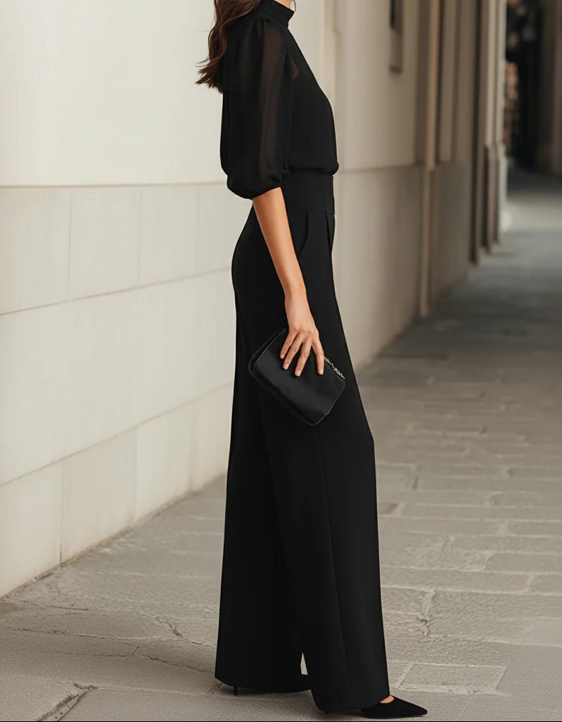 Puff Sleeve Sheer Top Cami and Wide Leg Pants Three Piece Set 3