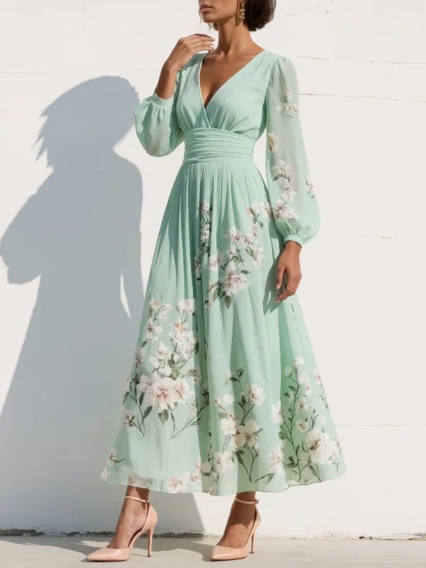 Floral Print Deep V-Neck Long Sleeve Pleated Maxi Dress 4