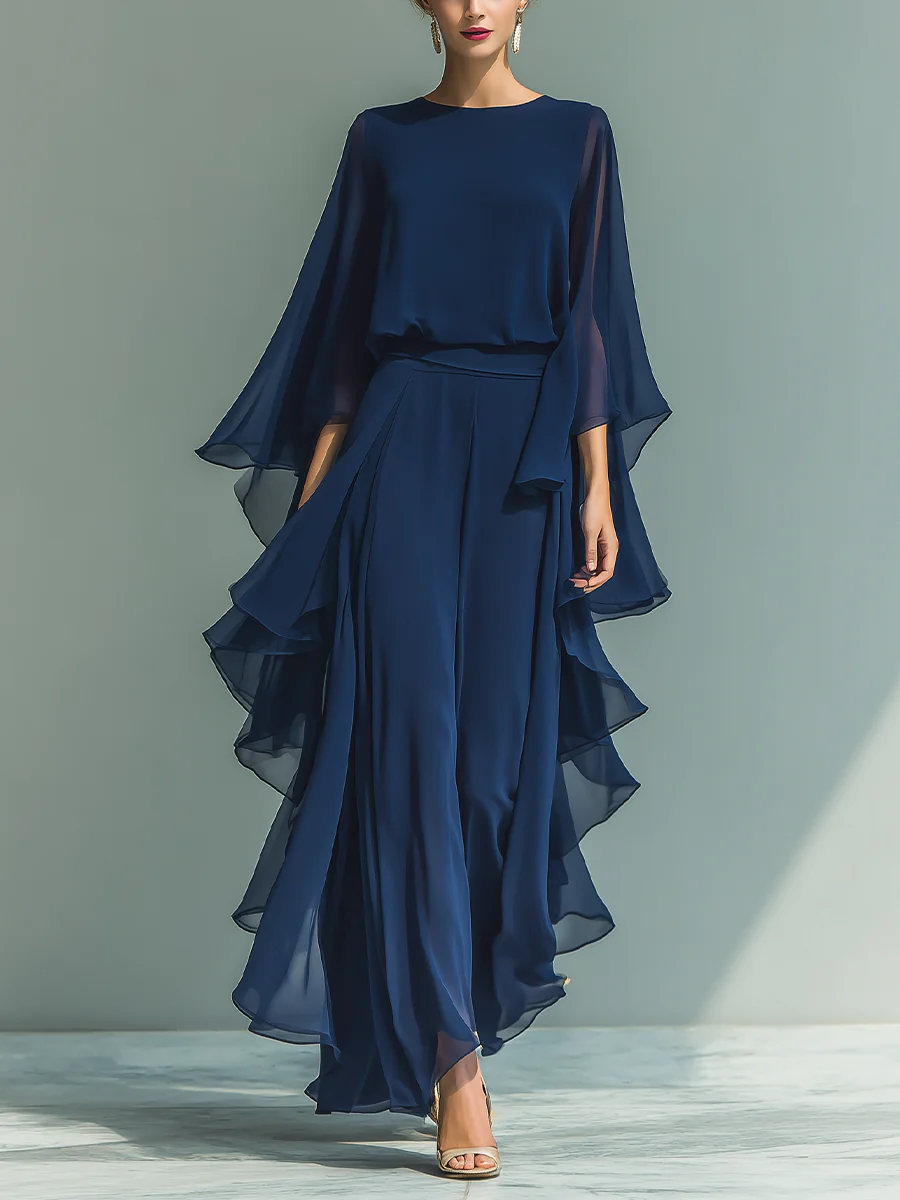 Round Neck Cape Sleeve Wide Leg Chiffon Jumpsuit 2