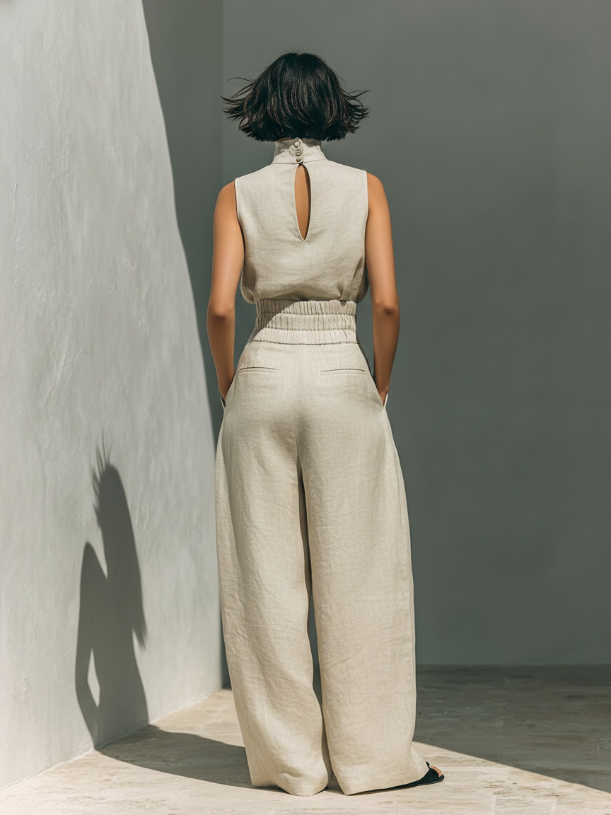 Sleeveless High Neck Top and Wide Leg Pants Two Piece Set 3