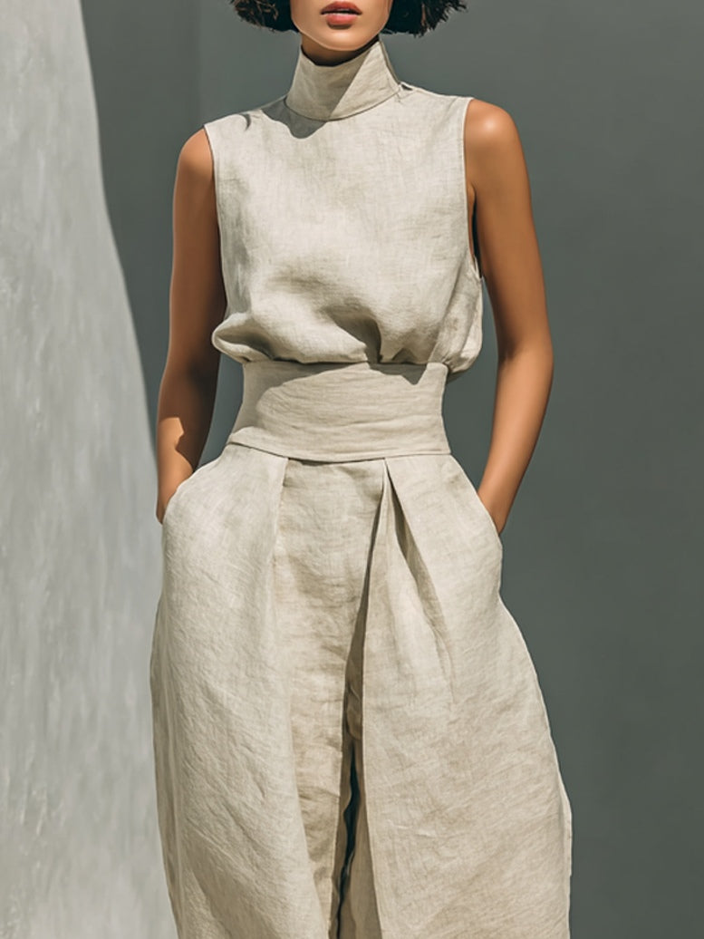 Sleeveless High Neck Top and Wide Leg Pants Two Piece Set 4