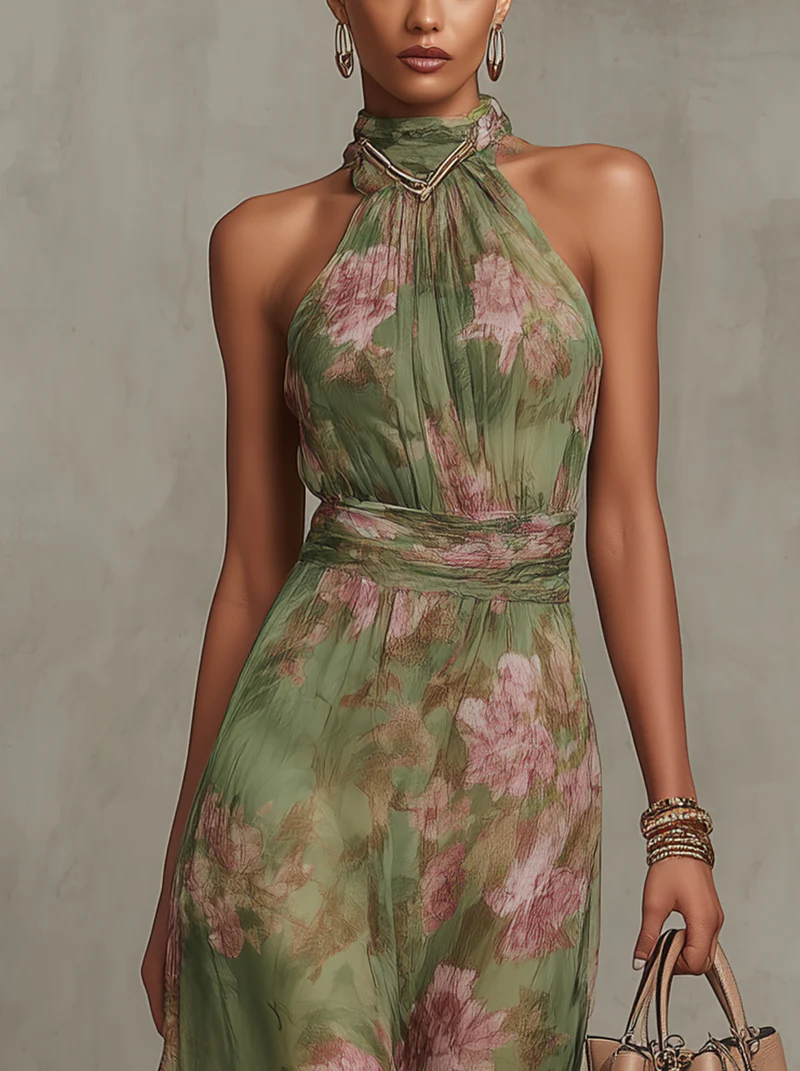 Floral Halter Neck Sleeveless Flowy Maxi Dress 4