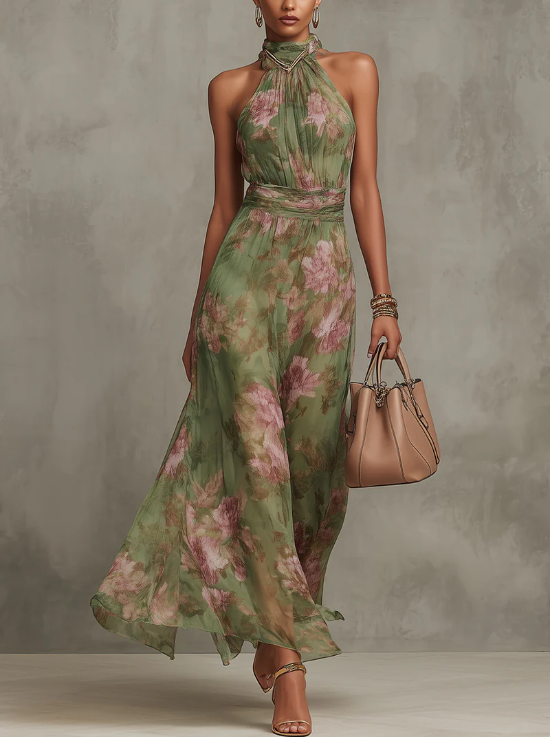 Floral Halter Neck Sleeveless Flowy Maxi Dress