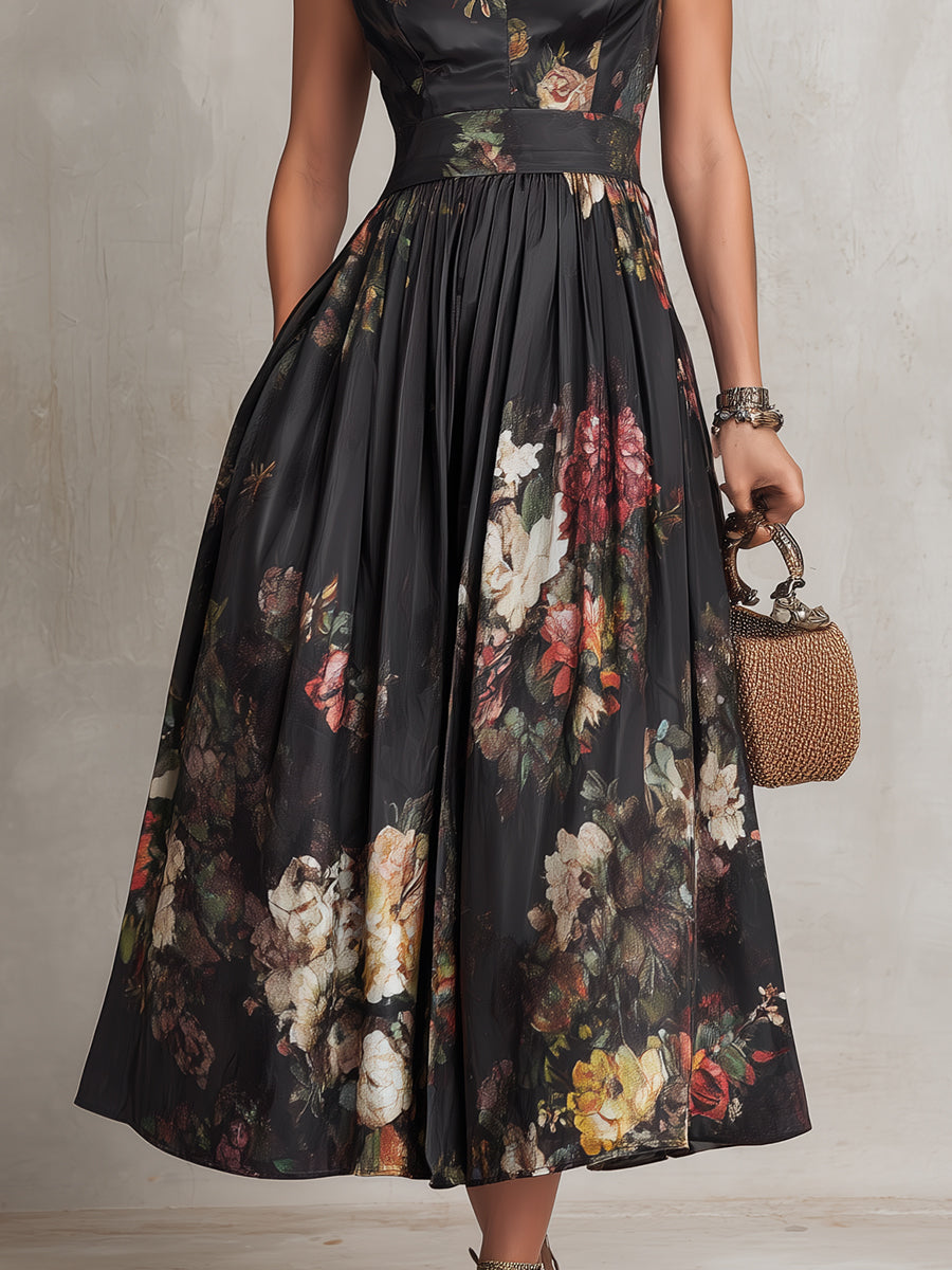 Floral Satin Keyhole High Neck Pleated Midi Dress Cocktail 5