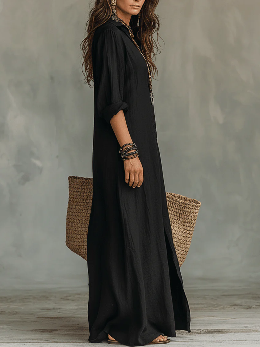 Collared Half Placket Long Sleeve Side Slit Maxi Shirt Dress 3