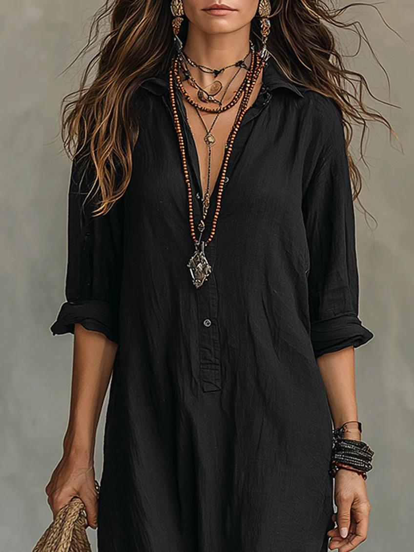 Collared Long Sleeve Button Front Side Split Maxi Shirt Dress 4