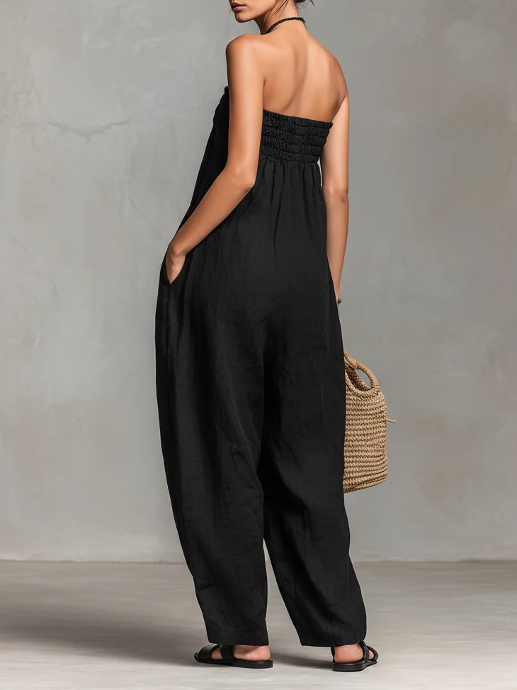 Strapless Smocked Drawstring Wide Leg Jumpsuit 3