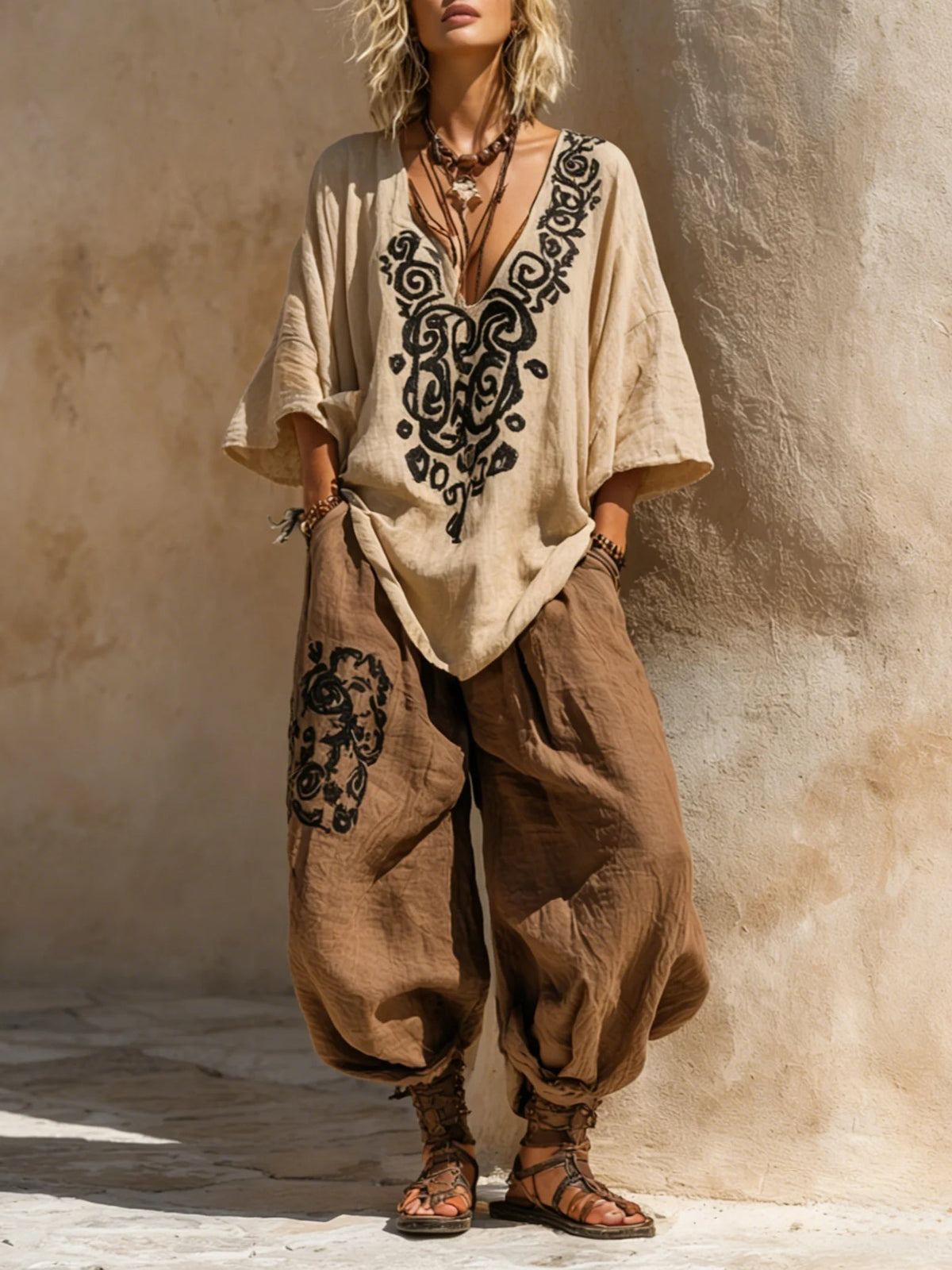Embroidered Tank Harem Pants and Duster Three Piece Set 2