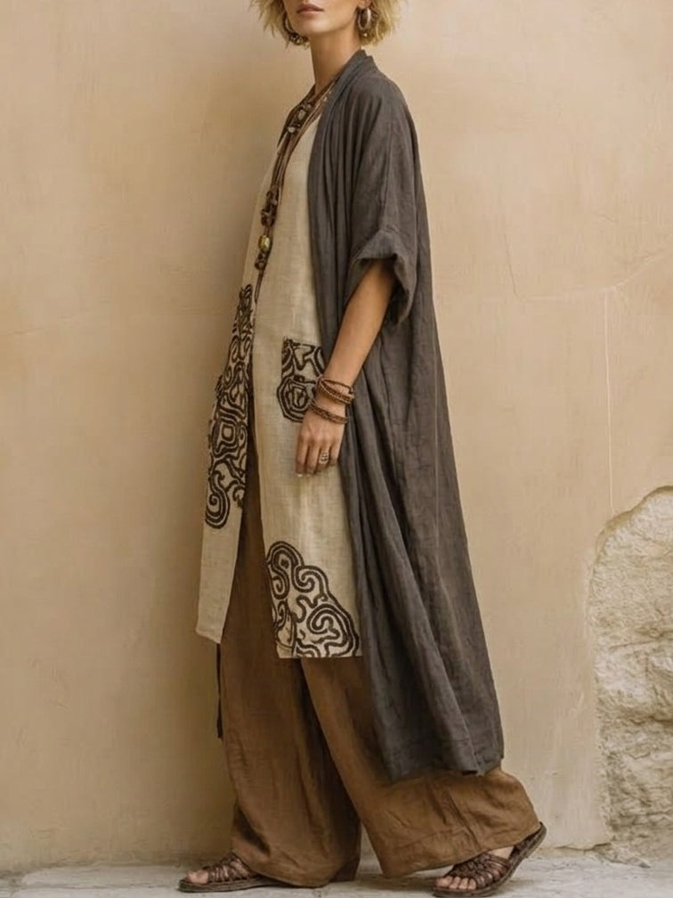 Embroidered Tunic Wide Leg Pants and Duster Three Piece Set 4