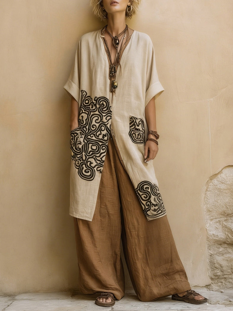 Embroidered Tunic Wide Leg Pants and Duster Three Piece Set 2
