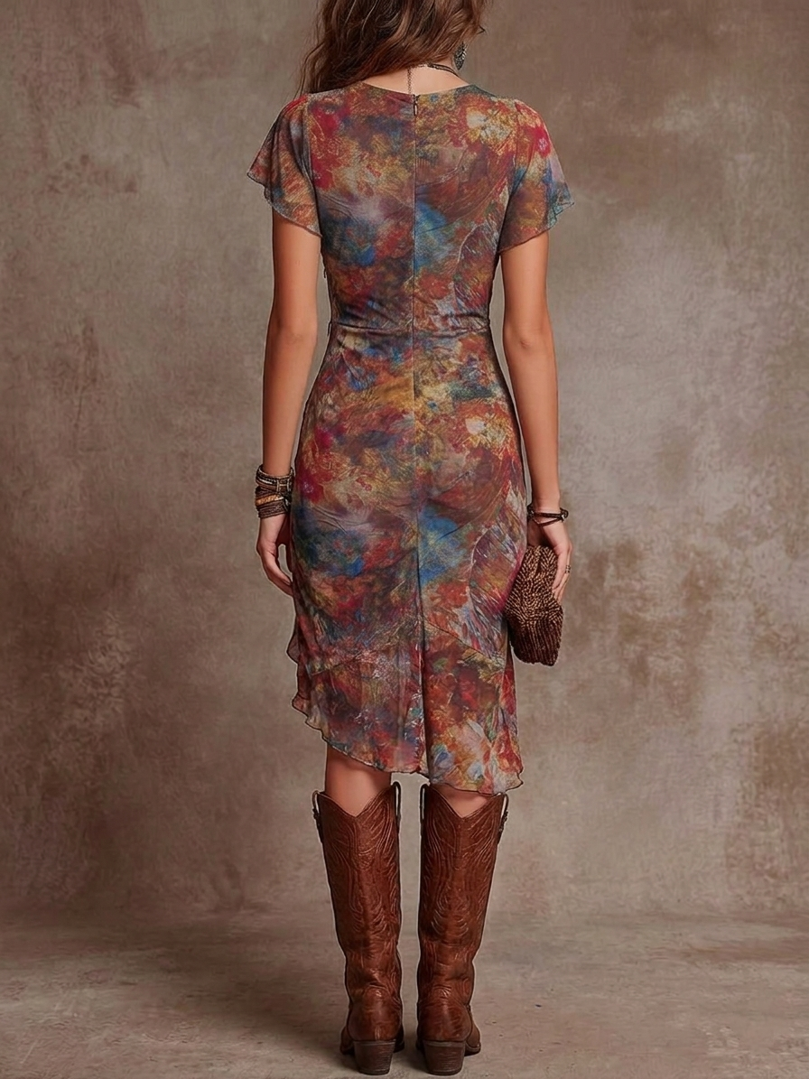 Floral Deep V-Neck Flutter Sleeve Ruched High Split Midi Dress 5