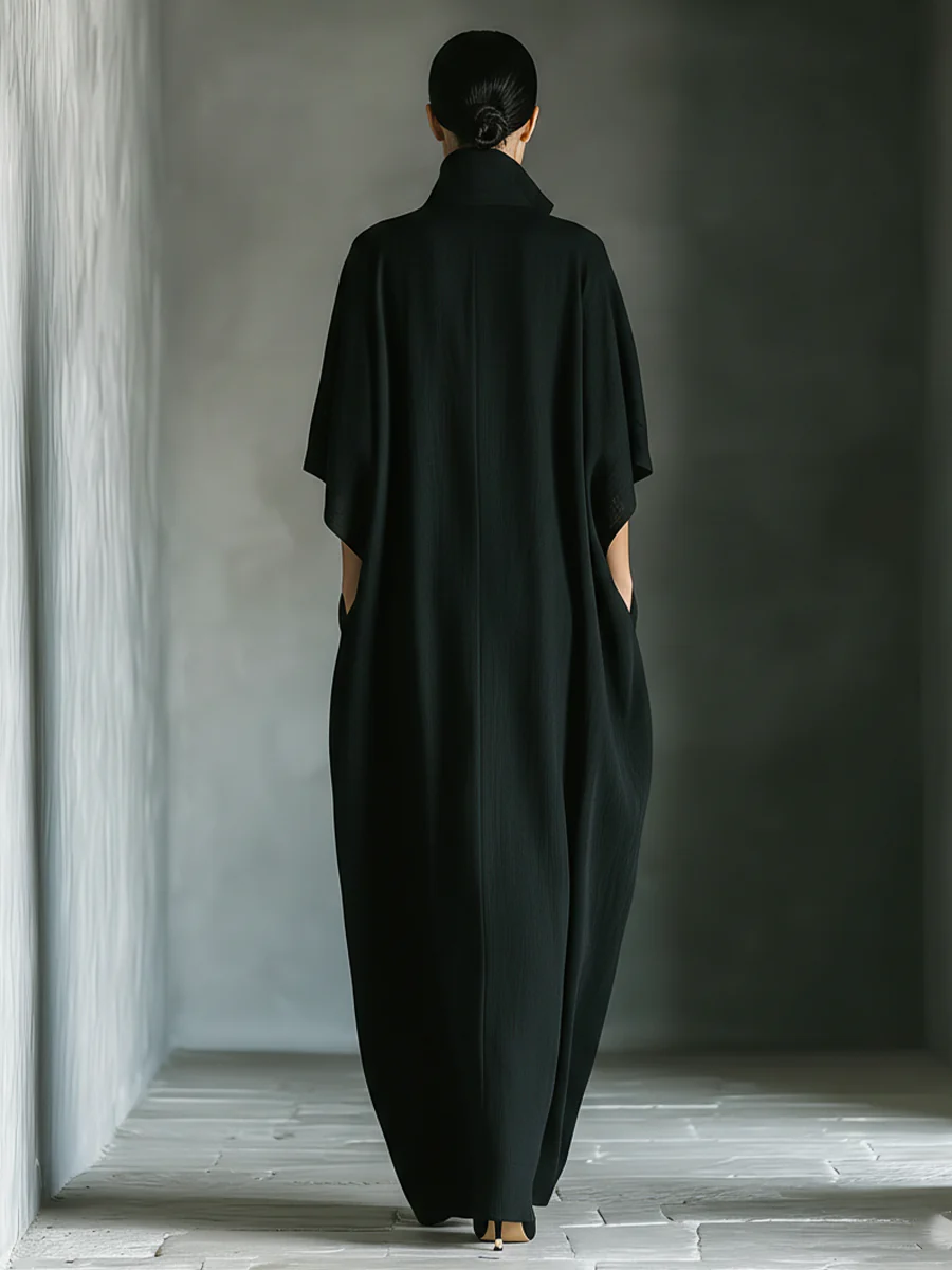 Stand Collar Deep V-Neck Batwing Sleeve Pocket Maxi Dress 3