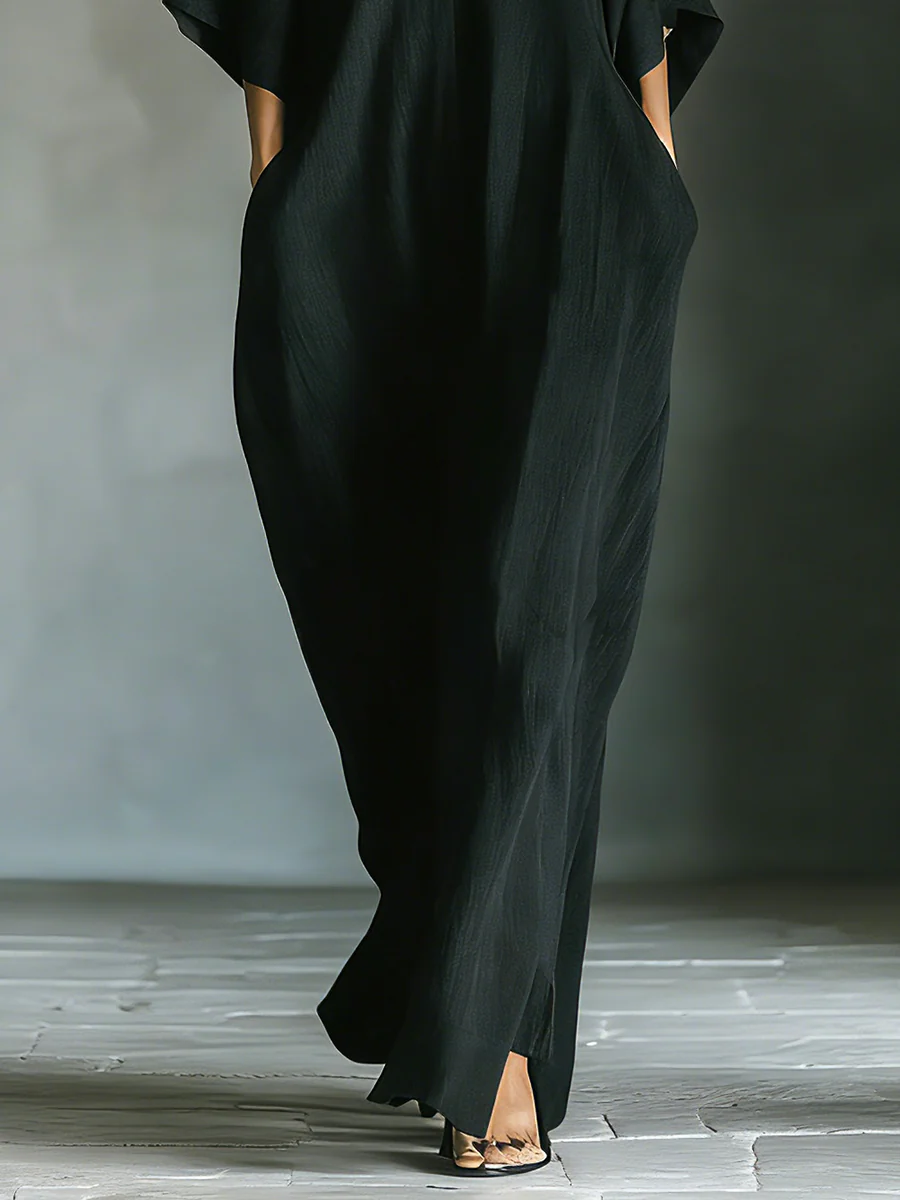 Stand Collar Deep V-Neck Batwing Sleeve Pocket Maxi Dress 5