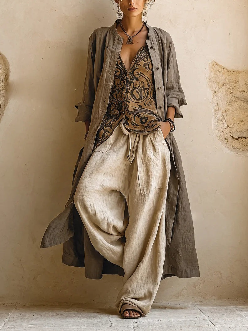 Linen Look Duster Printed Vest and Wide Leg Pants Three Piece Set 2