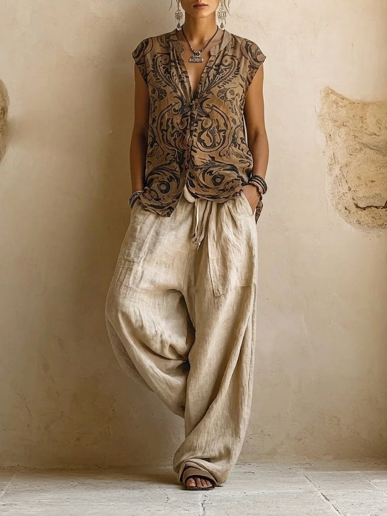 Longline Duster Printed Top and Wide Leg Pants Three Piece Set 3