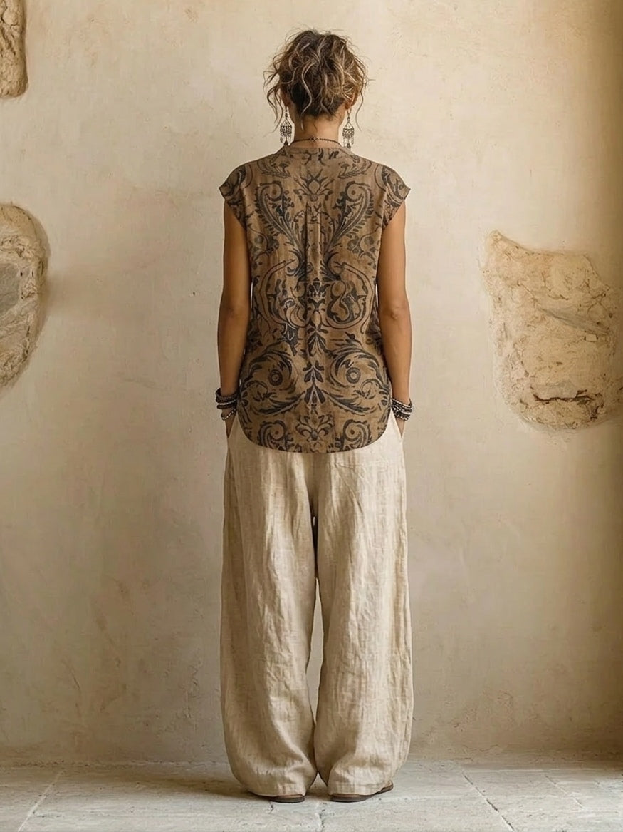 Linen Look Duster Coat Printed Top and Wide Leg Pants Set 3