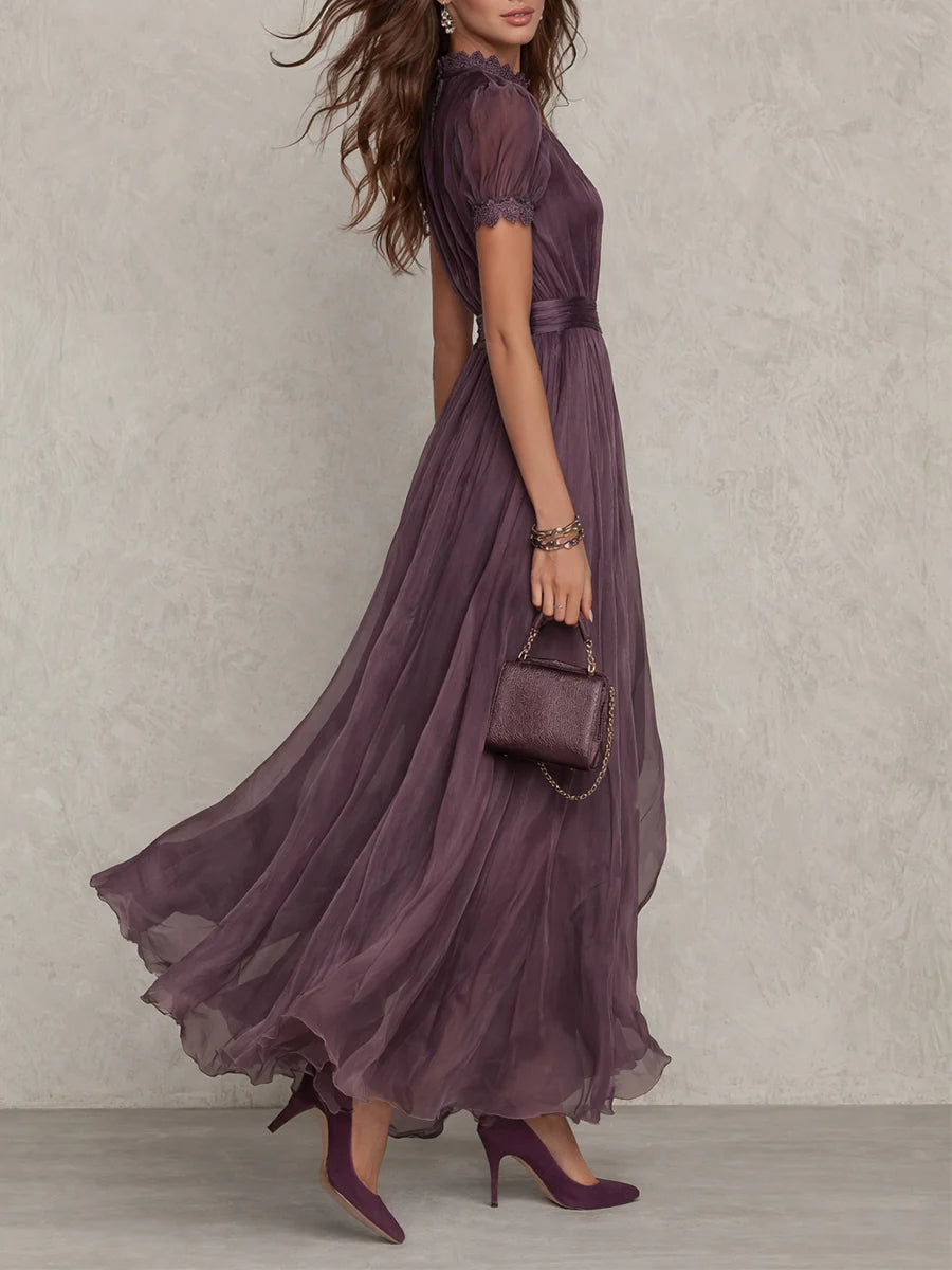 Mock Neck Short Sleeve Keyhole Lace Trim Pleated Maxi Dress 3