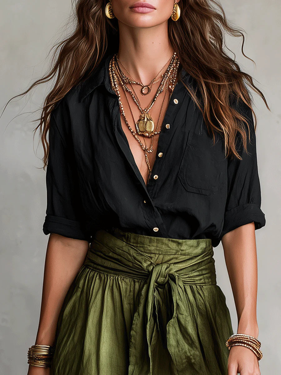 Button Front Shirt and Tie Waist Maxi Skirt Two Piece Set 3