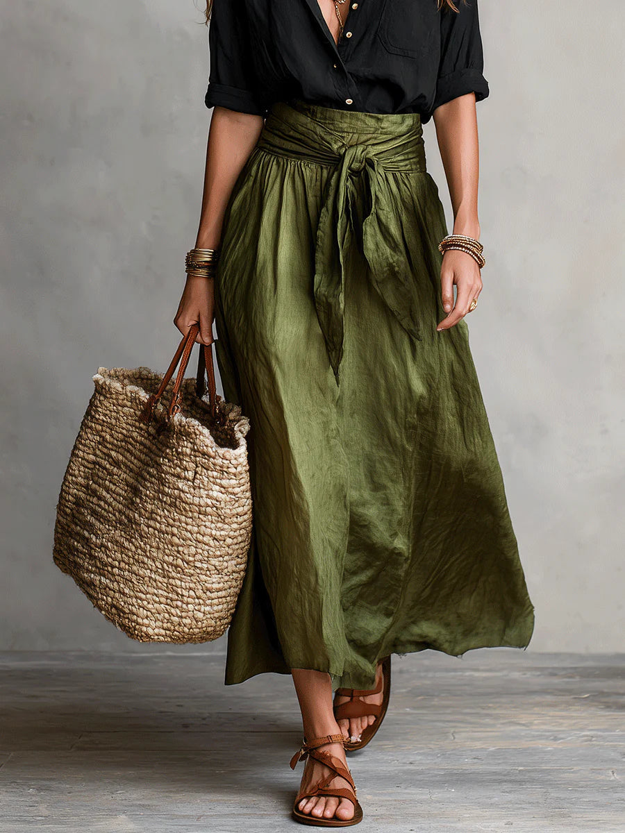 High Waist Tie Front Pleated Maxi Skirt 4
