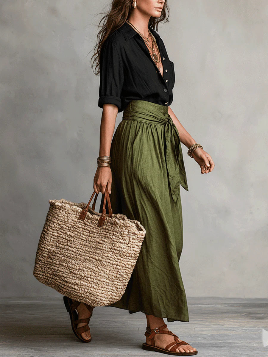 Button Front Shirt and Tie Waist Maxi Skirt Two Piece Set 2