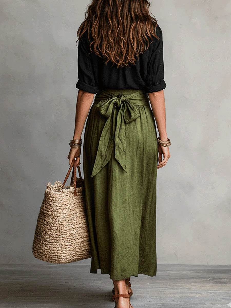 Button Front Shirt and Tie Waist Maxi Skirt Two Piece Set 3