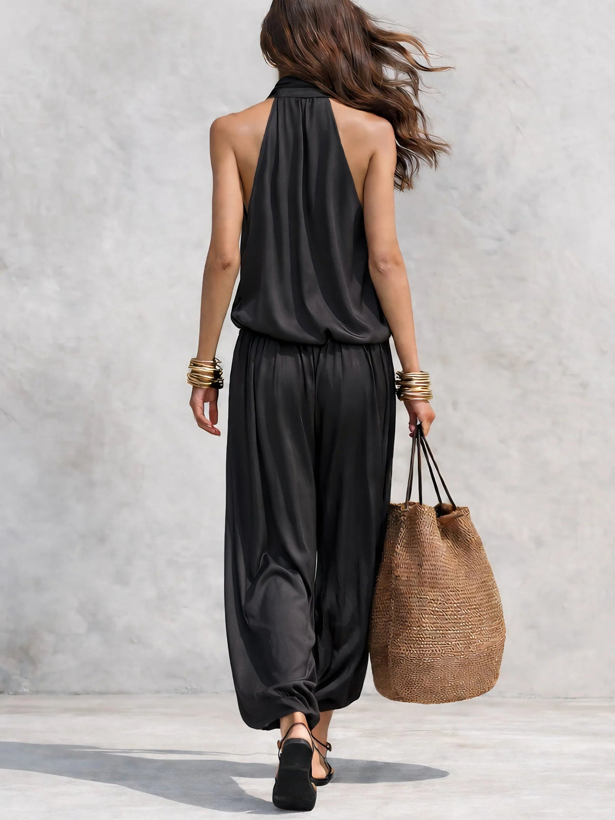 Cowl Neck Halter Top and Drawstring Wide Leg Pants Two Piece Set 3