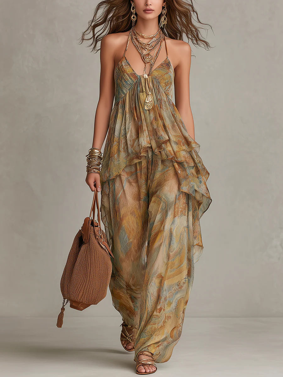 Abstract Print Halter Ruffle Top and Wide Leg Pants Set