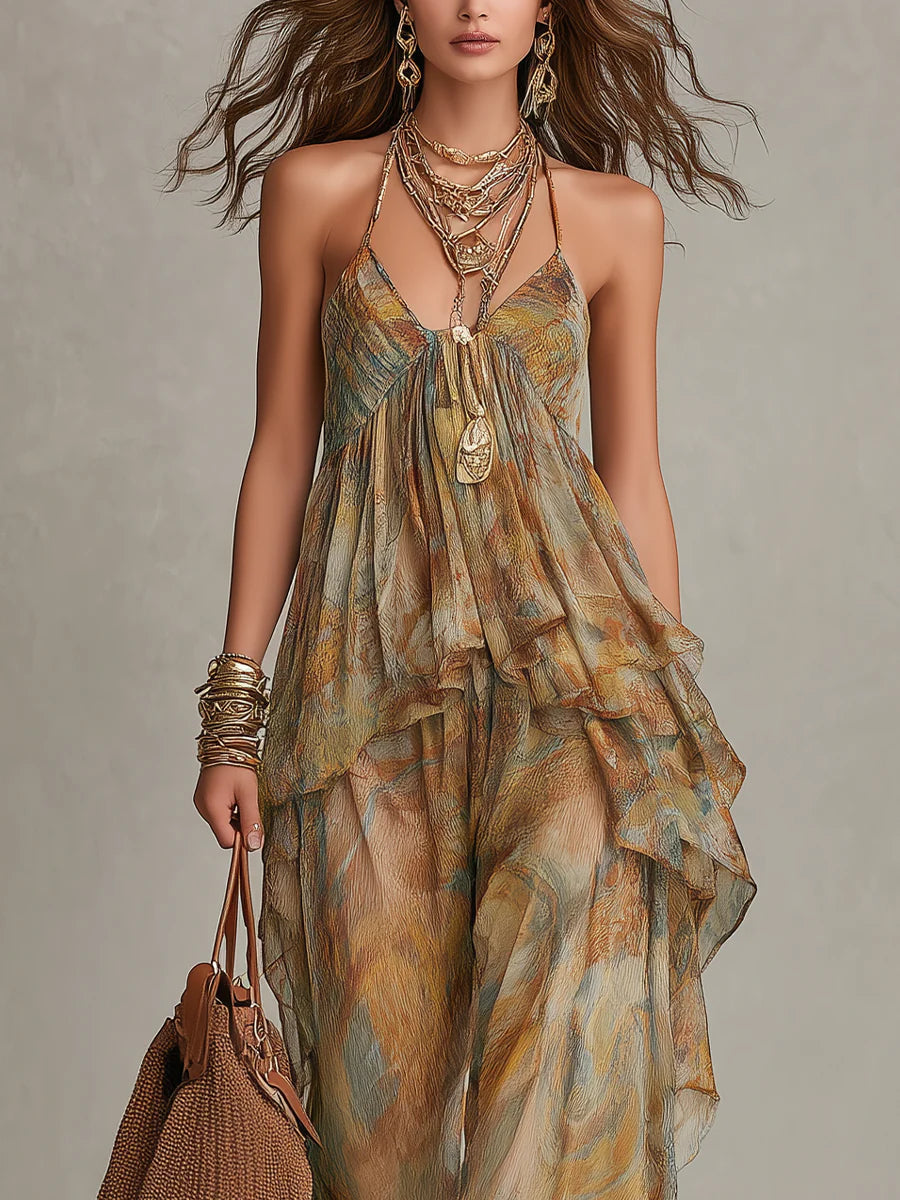 Abstract Print Halter Ruffle Top and Wide Leg Pants Set 3