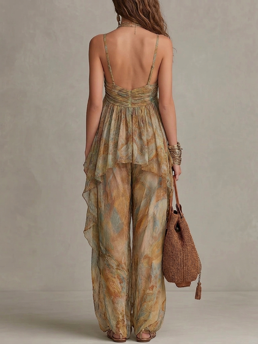 Abstract Print Halter Ruffle Top and Wide Leg Pants Set 2