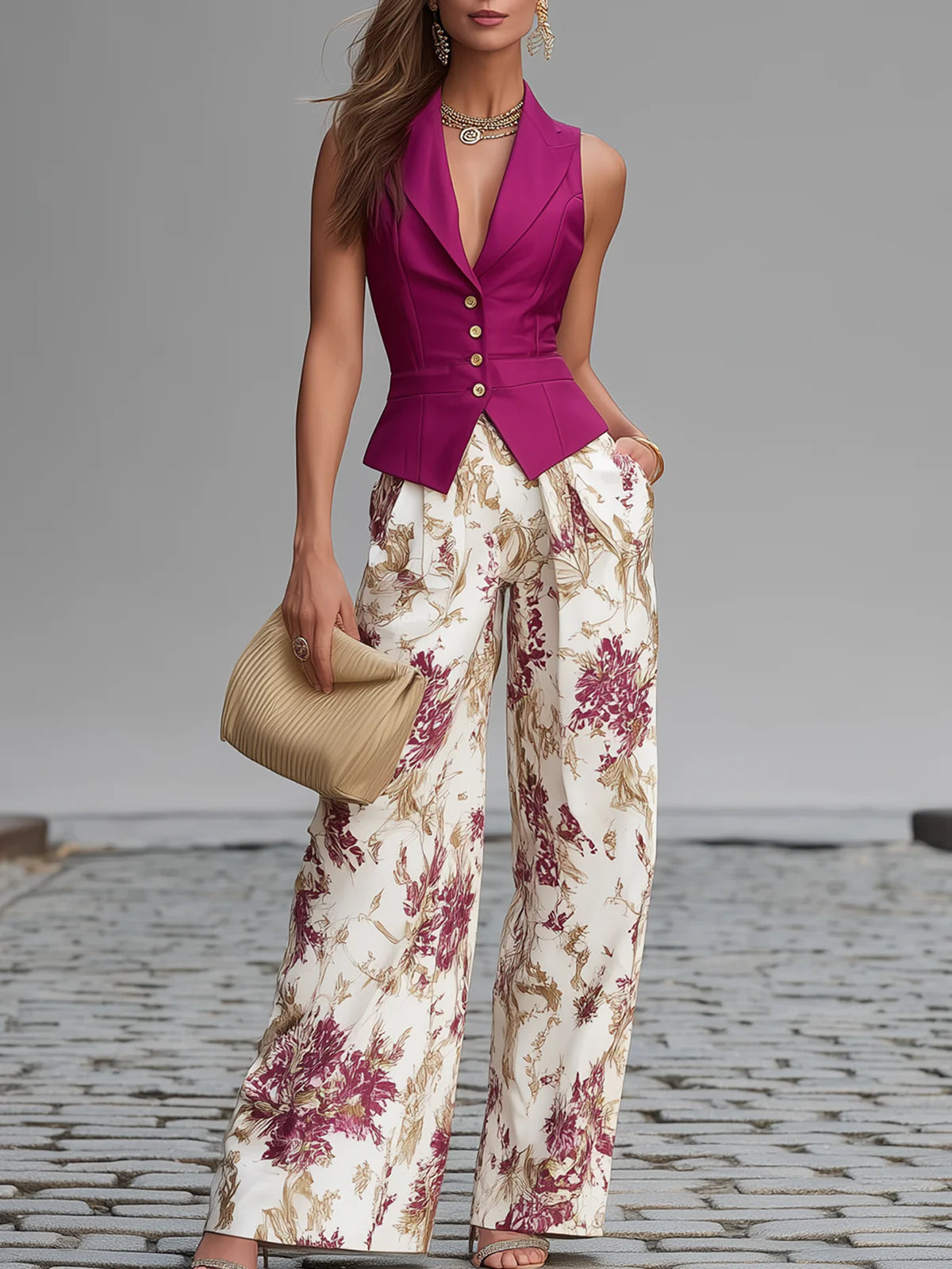 Lapel Sleeveless Vest Top and Floral Wide Leg Pants Two Piece Set