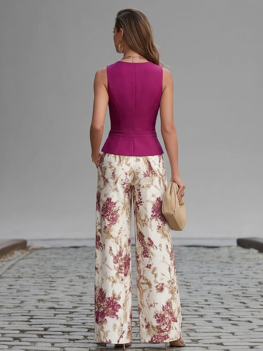 V-Neck Button Front Vest and Floral Wide Leg Pants Two Piece Set 2