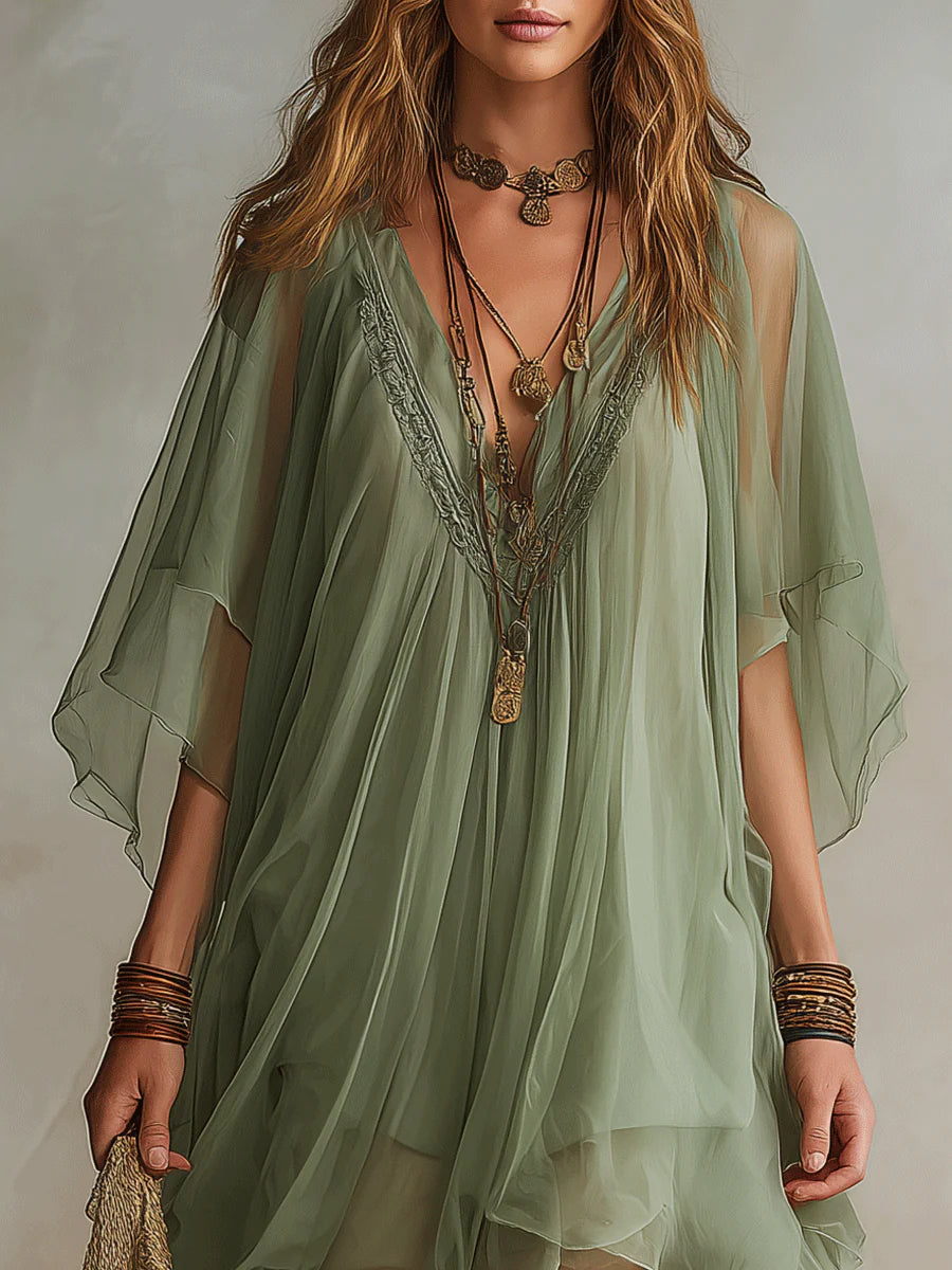 Deep V-Neck Batwing Sleeve Lace Trim Layered Chiffon Mini Dress 5