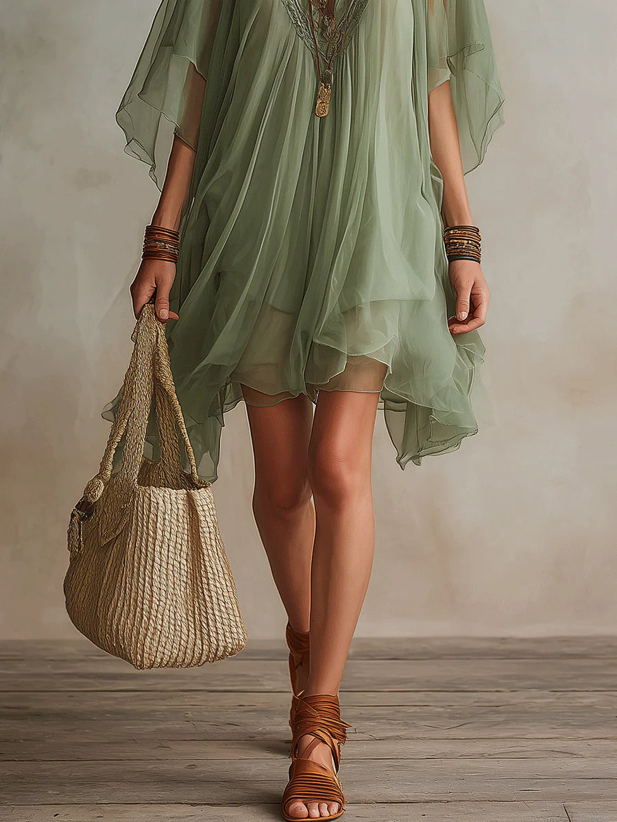 Deep V-Neck Batwing Sleeve Lace Trim Layered Chiffon Mini Dress 6