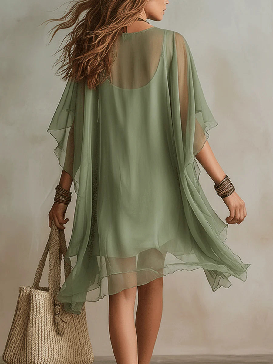 Deep V-Neck Batwing Sleeve Lace Trim Layered Chiffon Mini Dress 3