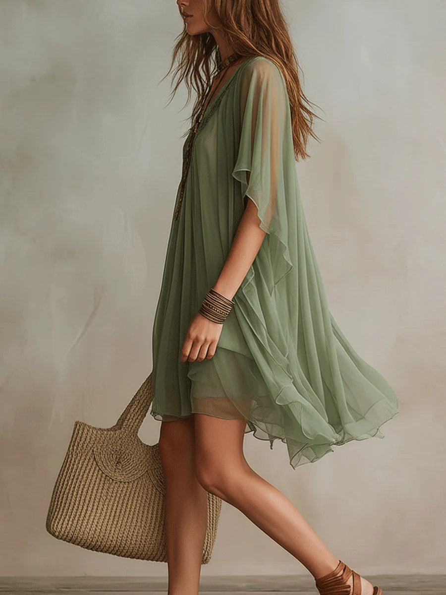 Deep V-Neck Batwing Sleeve Lace Trim Layered Chiffon Mini Dress 2